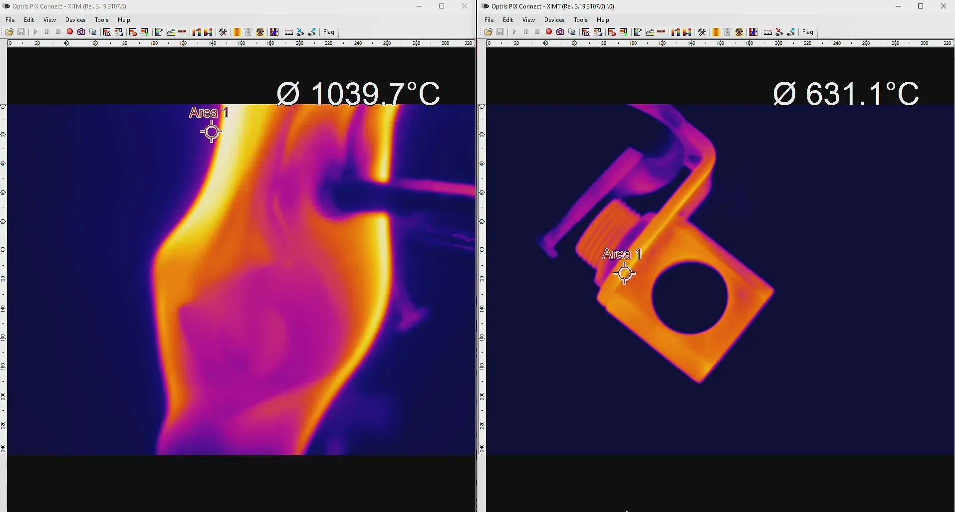 compare Xi 1M with Xi 320 MT measurment through flames